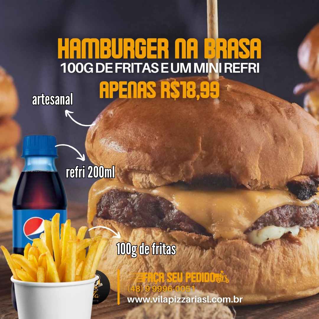 Hambúrguer Clássico na Brasa + Refrigerante 200ml+ 100g de fritas.
