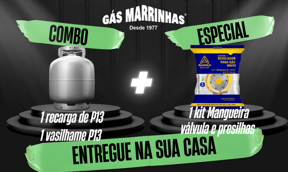 Recarga Botijão P13 + Vasilhame P13 + Kit Mangueira, Regulador e Presilhas Aliança
