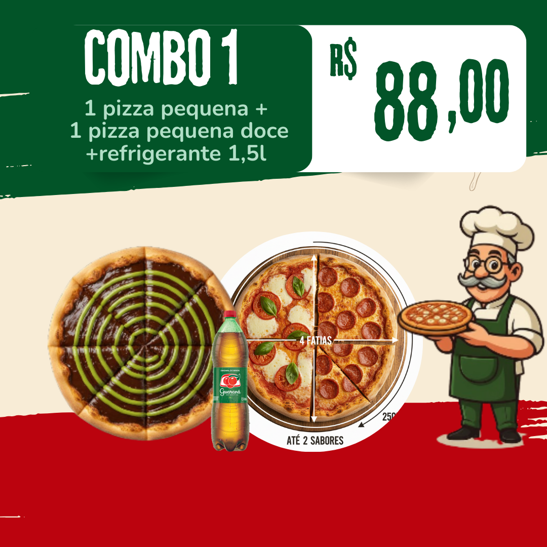 Combo 1: pizza pequena salgada+ pequena doce + 1 bebida 1,5l