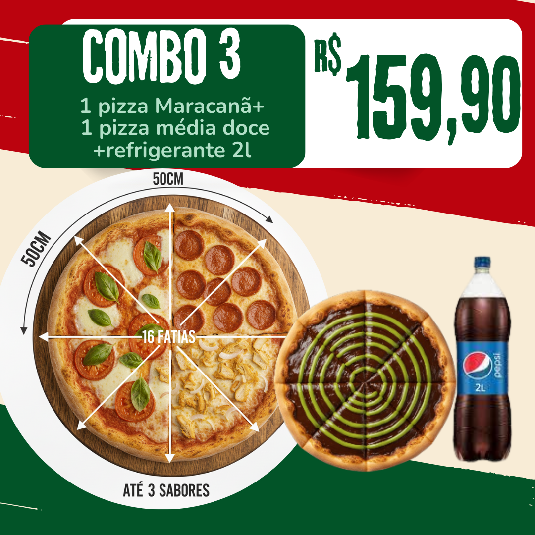 Combo 3: pizza maracanã+ media doce + bebida 2l