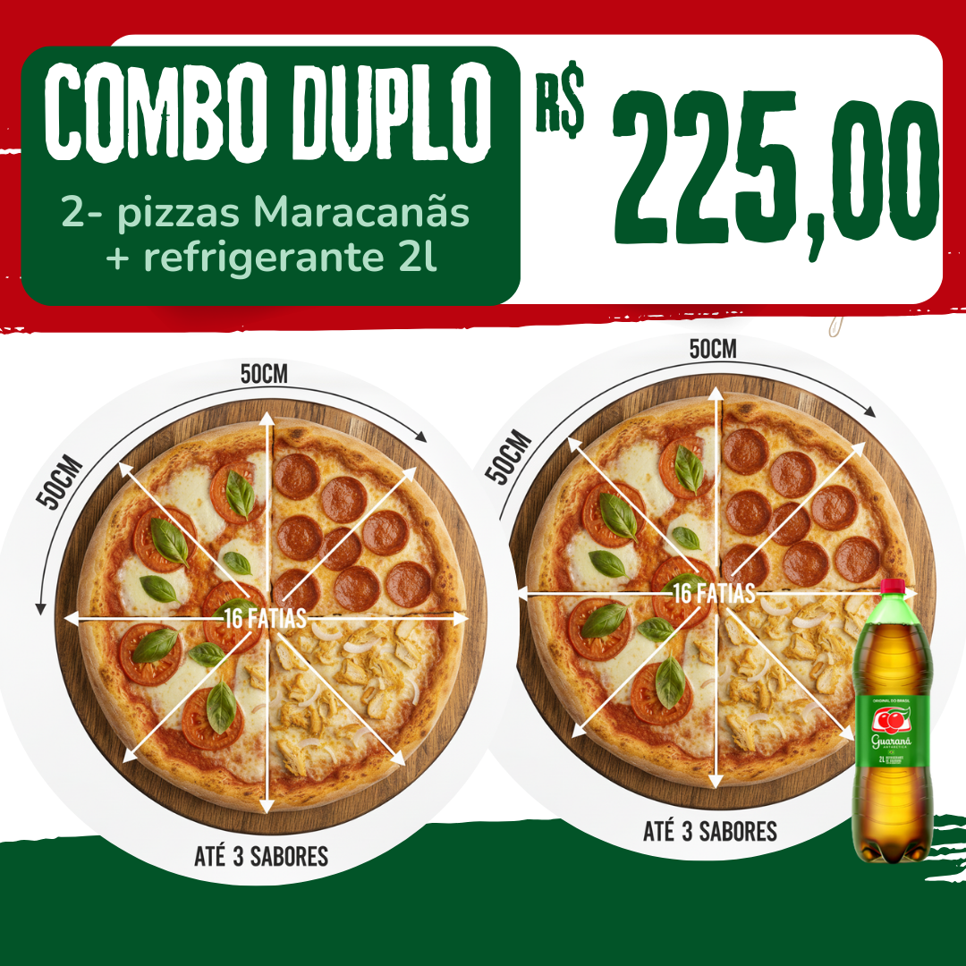 COMBO DUPLO: Duas pizzas maracanã salgadas + bebida 2l