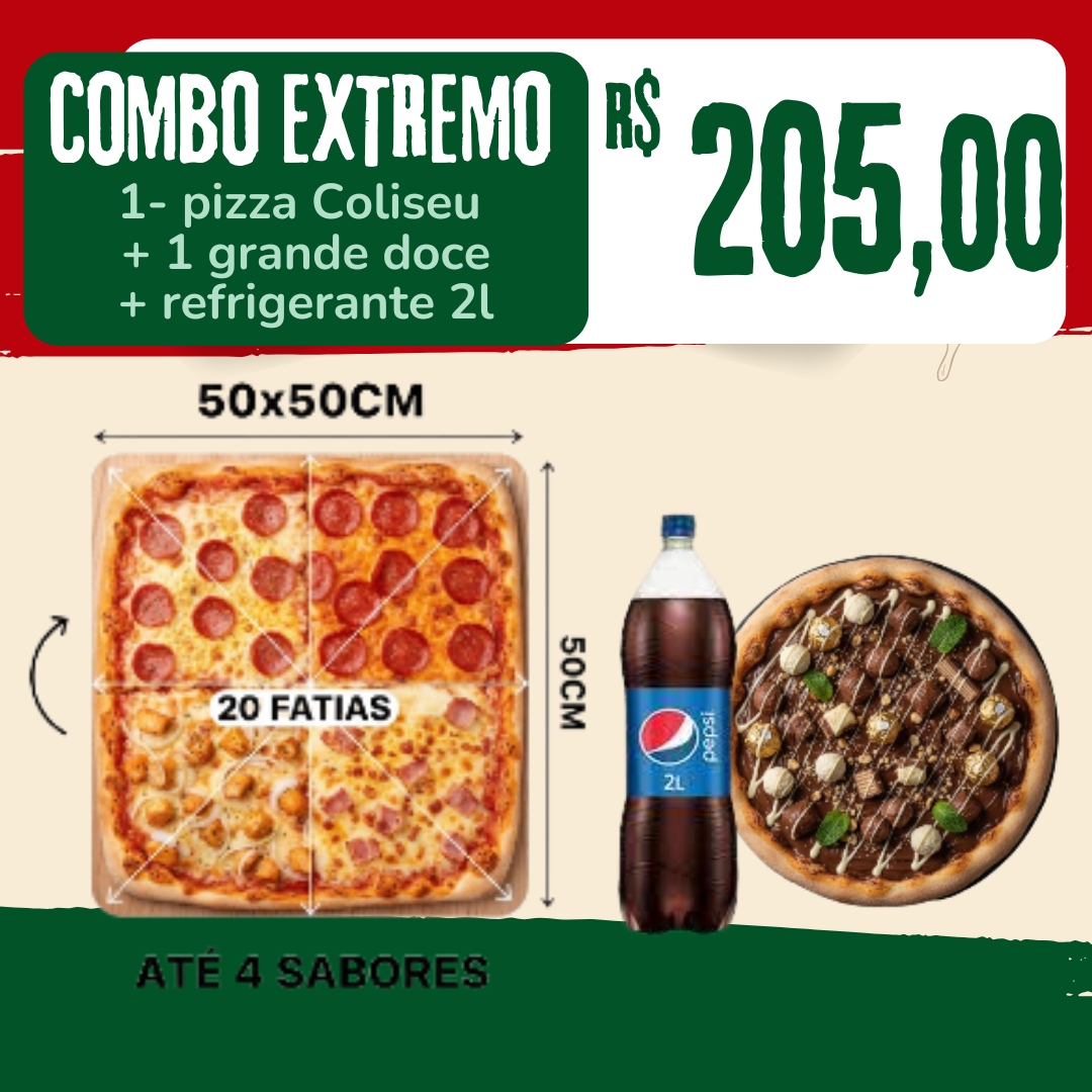 Combo Extremo: pizza coliseu + grande doce+ bebida 2l