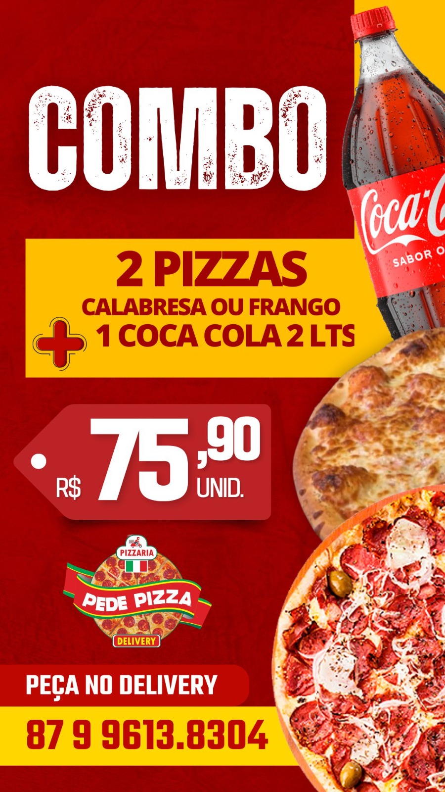 DUAS PIZZAS MAIS COCA COLA 2 LTS 75,99