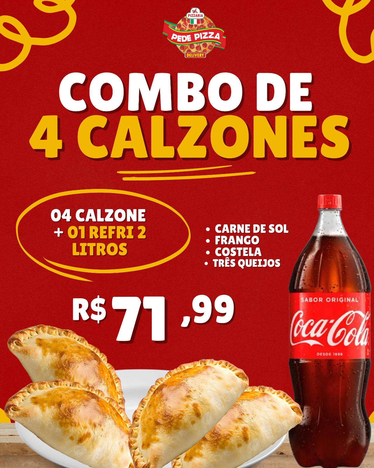 combo quatro calzones mais refrigerante de 2 lt