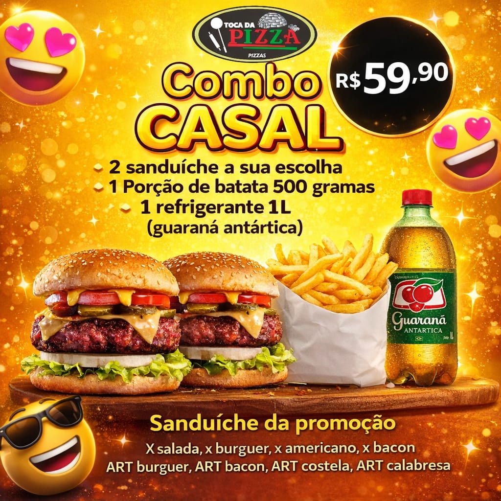 Combo Casal R$ 59,90 Combo casal -2 Sanduiche a sua escolha,1 Porçao de batata 500 Gramas ,1 refrigerante  ( guaraná antartica 1L) )