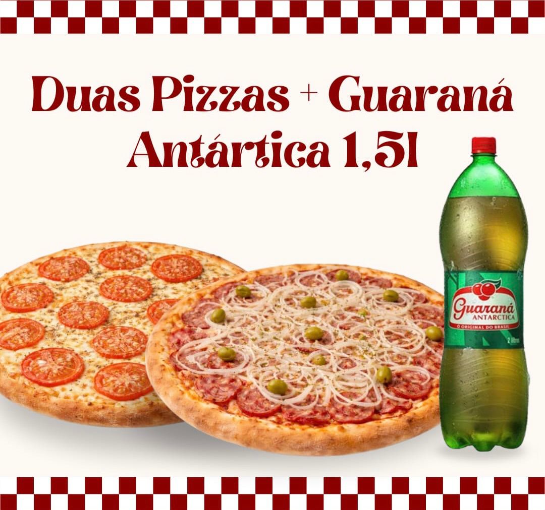 Combo Família 1: 1 Mussarela + 1 Calabresa + 1 Guaraná Antártica 1,5L R$ 104,50
