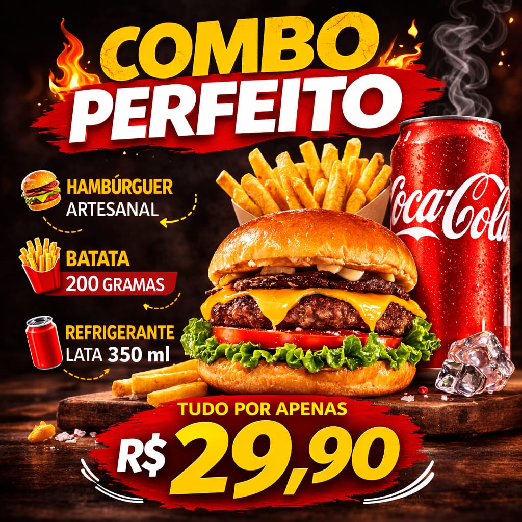 Combo Perfeito R$ 29,90 ,1 lanche,1fritas 200 gramas ,1 refri lata 350mL