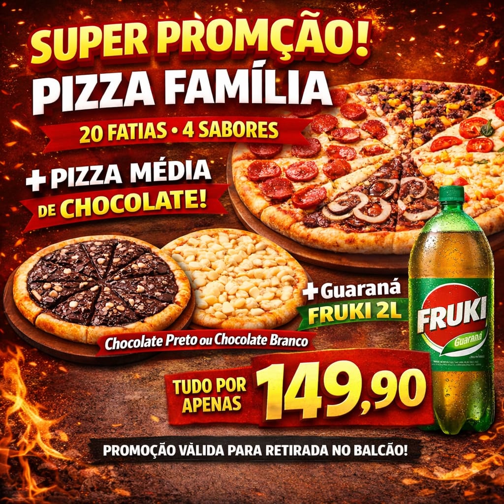 pizza familia 20 fatias + pizza media doce + fruki 2l 