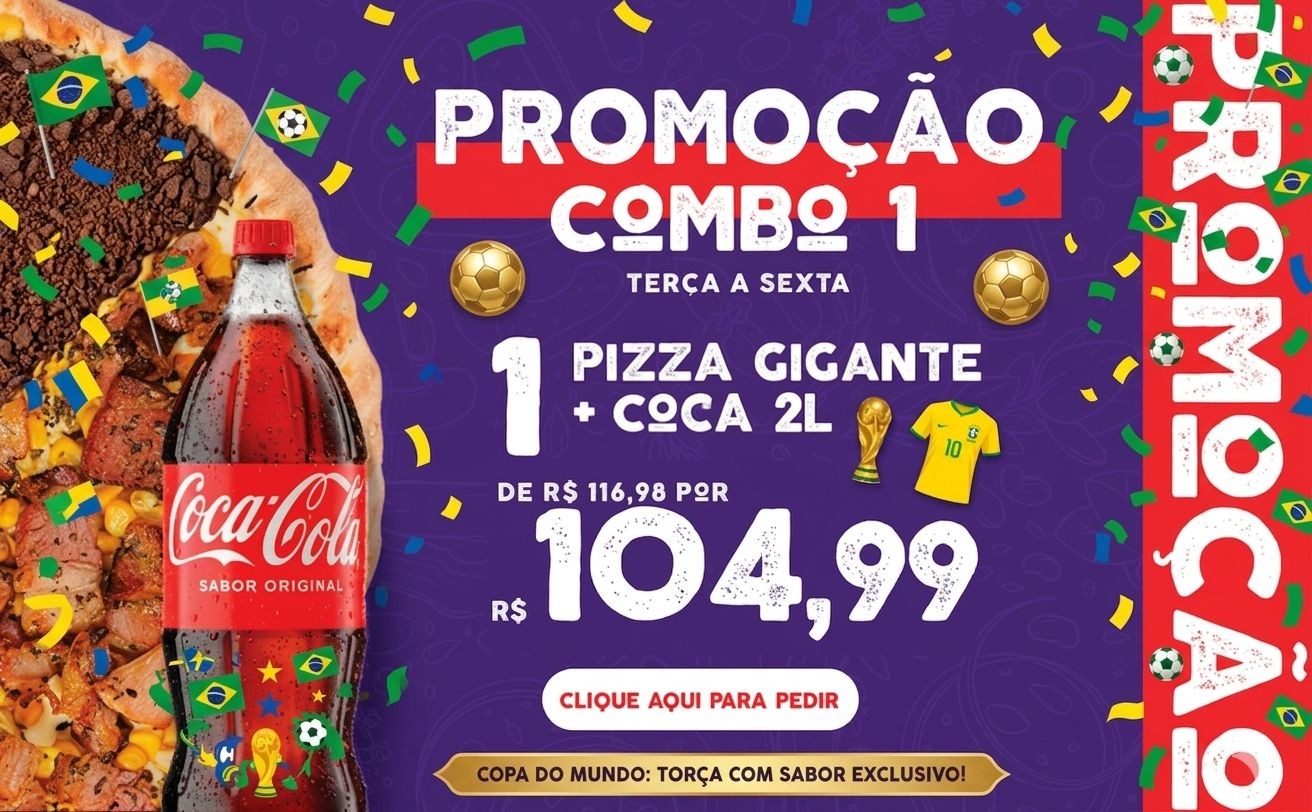 COMBO 1 - PIZZA GG + REFRI 2 LITROS DE 116,99 POR 104,99 promoção não cumulativa.