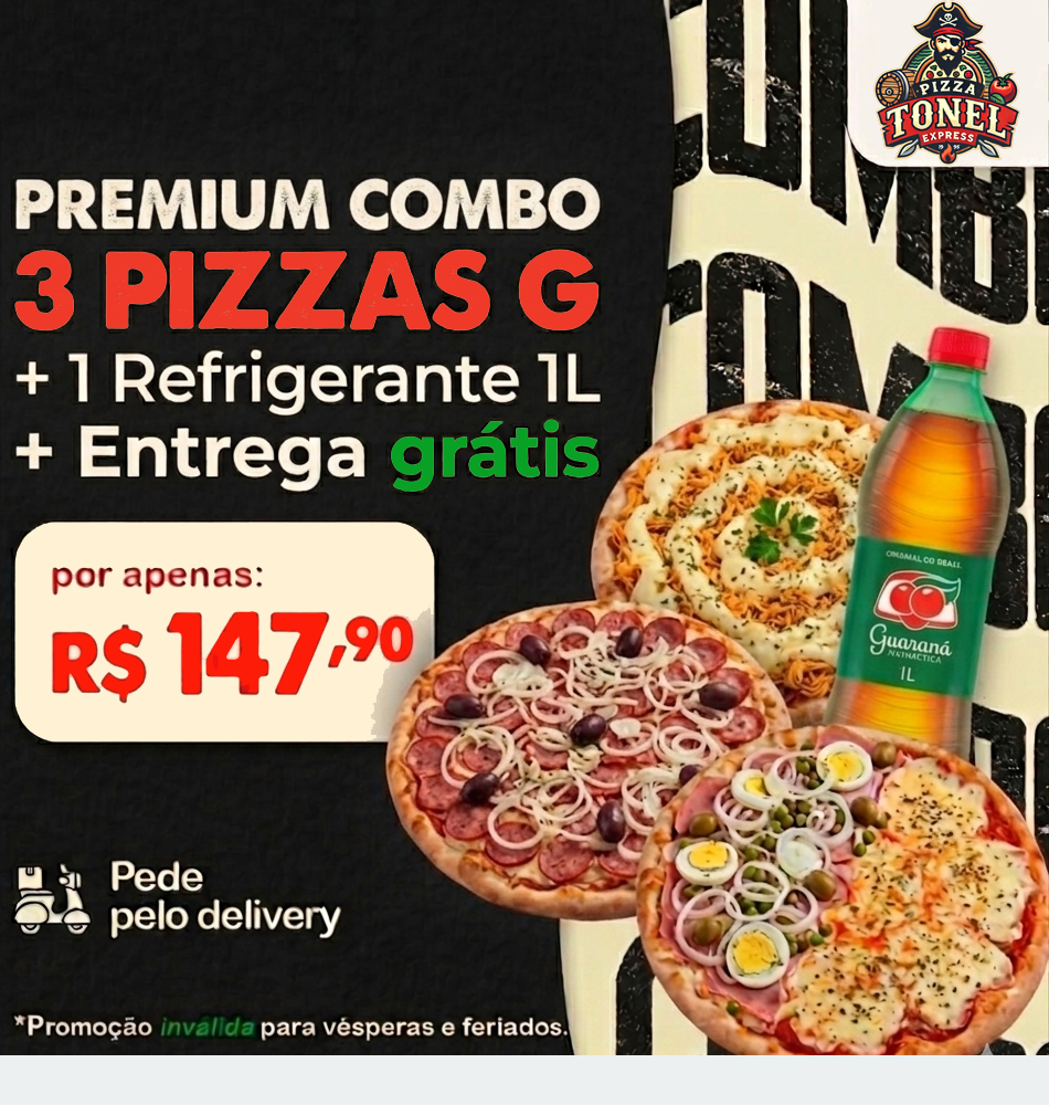 3 PIZZAS + 1 REFRIGERANTE 1L