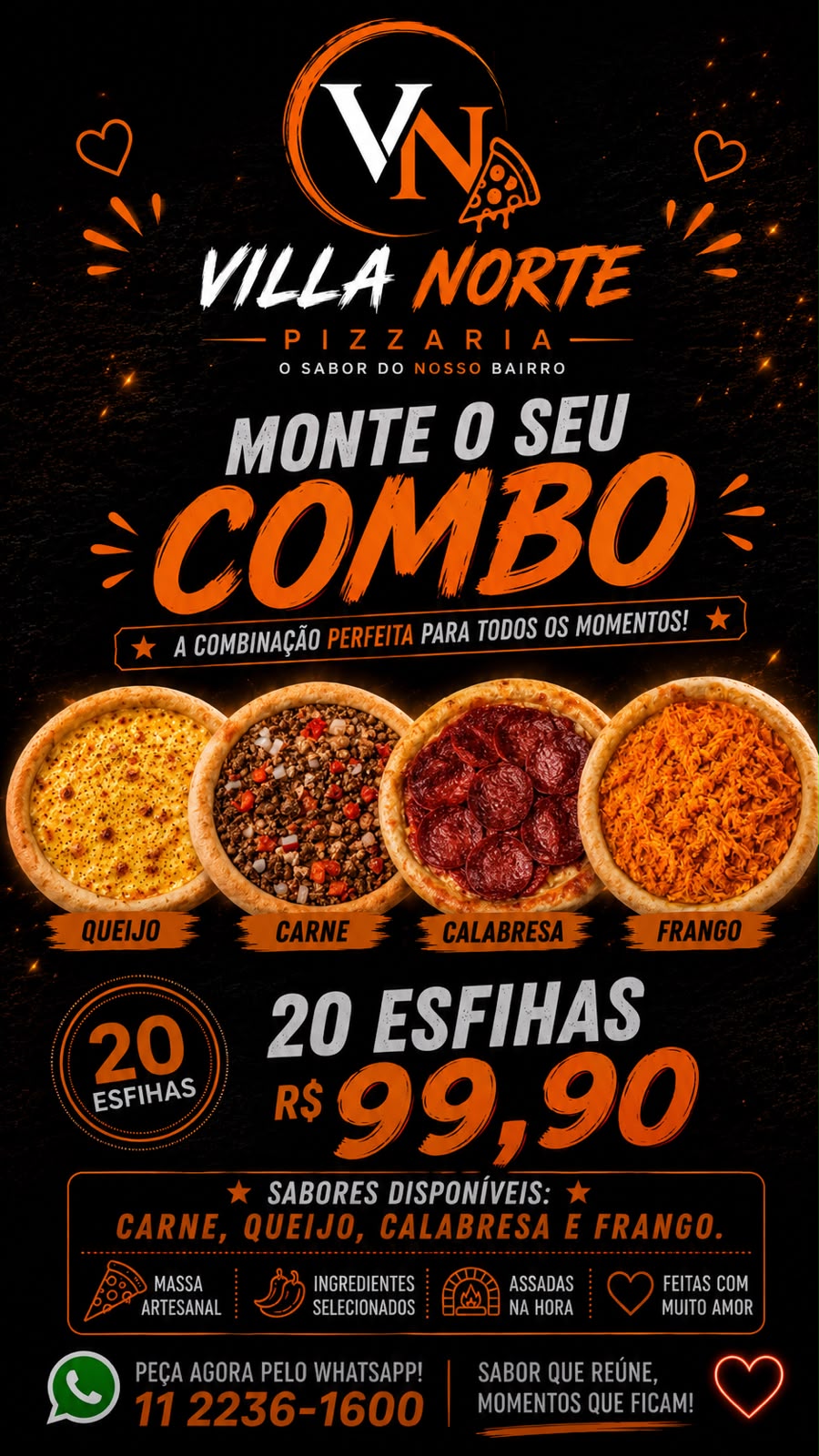 20 ESFIHAS COM 4 SABORES CARNE, QUEIJO, CALABRESA E FRANGO