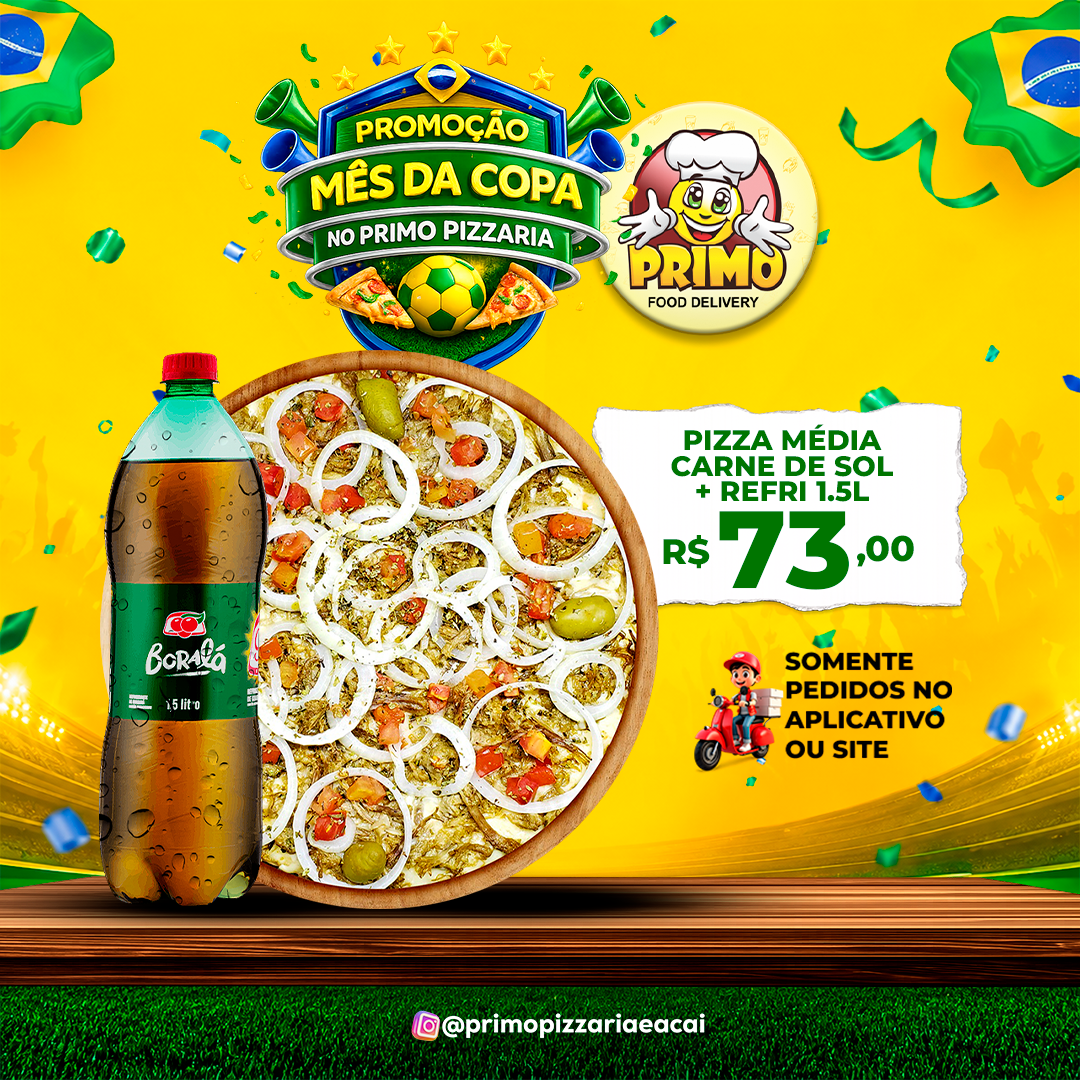 Pizza Média Carne de Sol e Strogonoff de Frango + REFRI 1.5L R$73,00