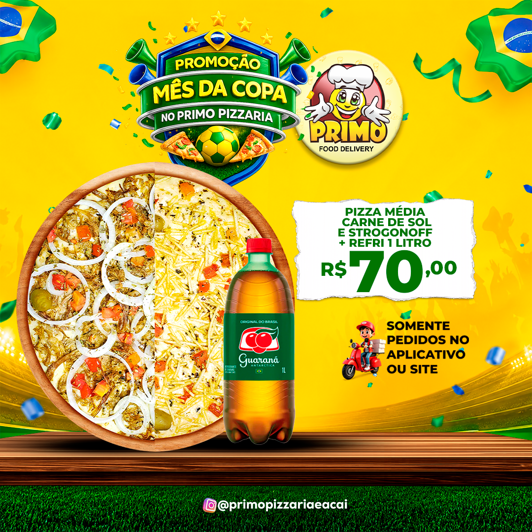 Pizza Média Carne de Sol e Strogonoff + REFRI 1 LITRO R$70,00