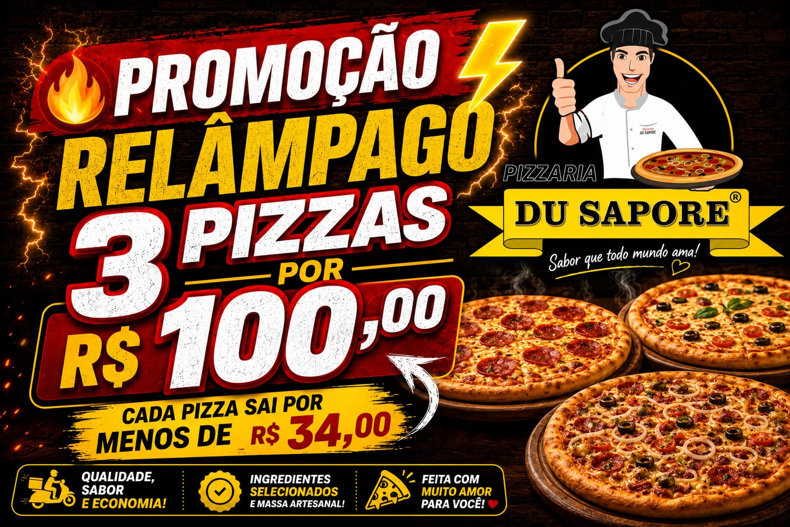 3 pizzas por 100,00 