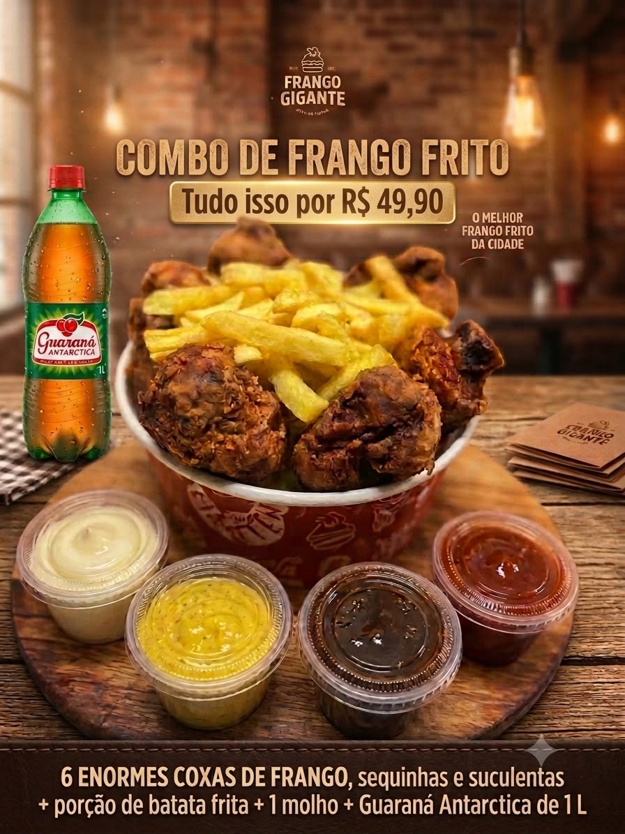 COMBO FRANGO FRITO + BATATA FRITA + MOLHO + GUARANÁ ANTARCTICA 1L