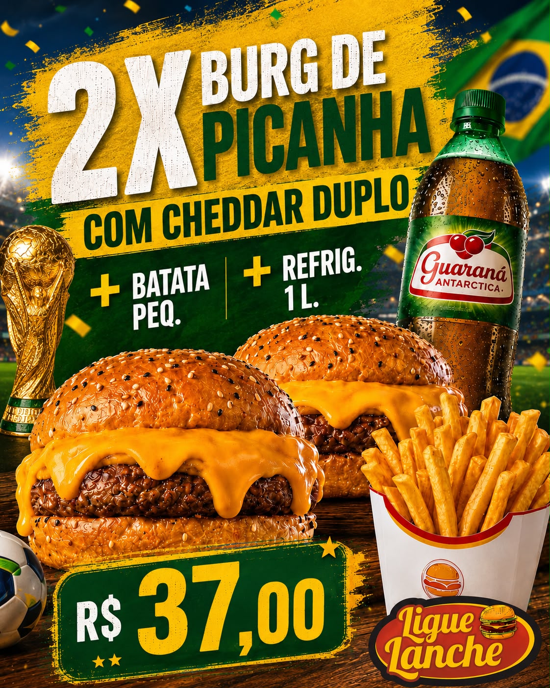 2x burgue de picanha com cheddar duplo+ batata primocional +refrigerante 1L