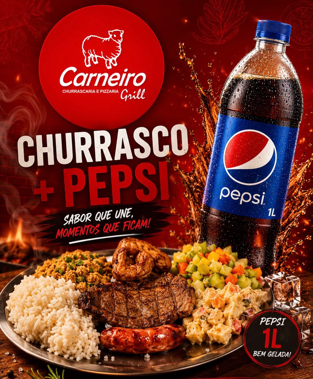 Churrasco Misto (1 f. de Filé, 1 Sobre Coxa e 1 Toscana) + 1 Pepsi 1L