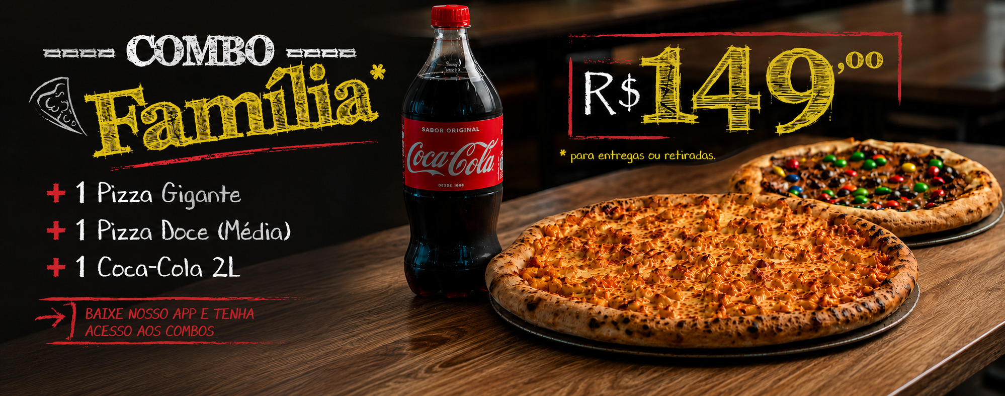 #Combo Família - 01 Pizza Gigante + 01 Coca-Cola 2L + 01 Pizza Doce (M) #Combo Família - 01 Pizza Gigante + 01 Coca-Cola 2L + 01 Pizza Doce (M)