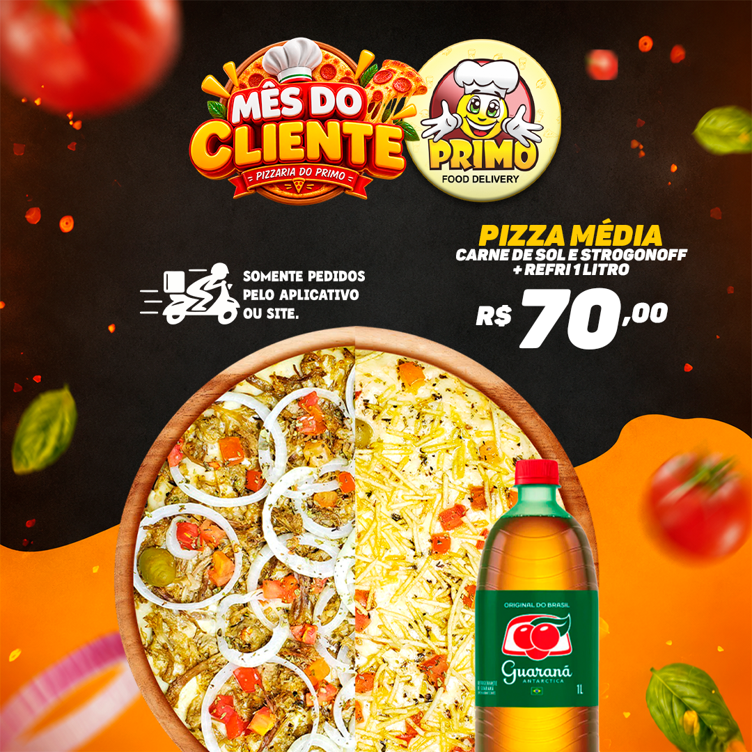 Pizza Média Carne de Sol e Strogonoff + REFRI 1 LITRO R$70
