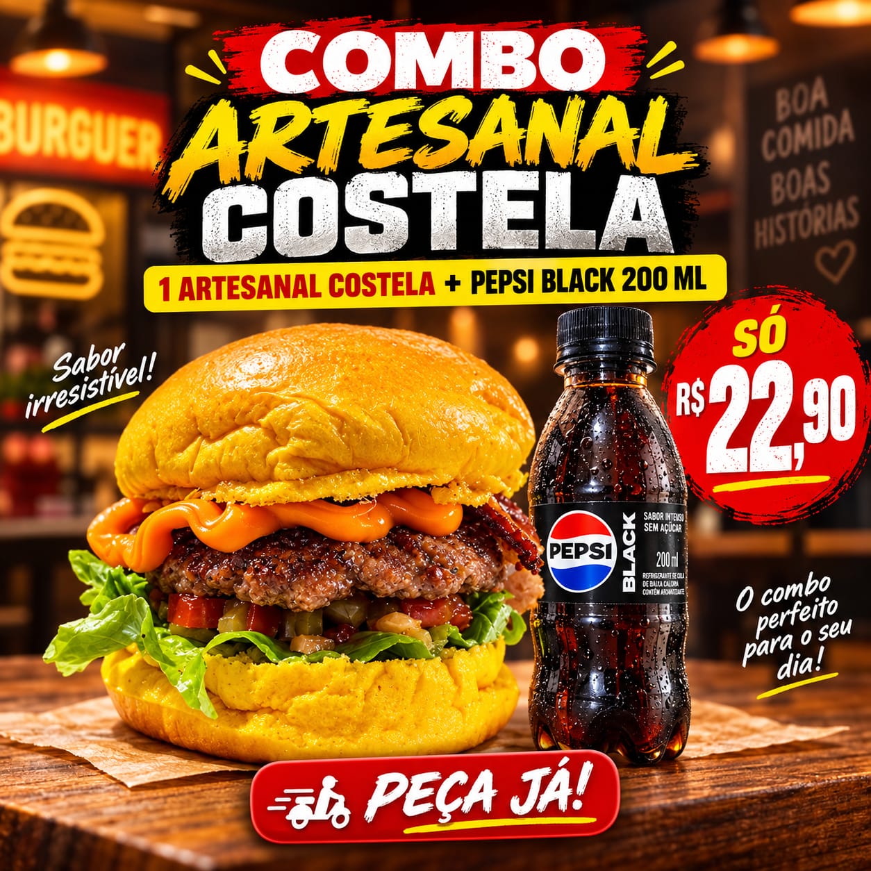 COMBO - artesanal costela + pepsi black 200ml