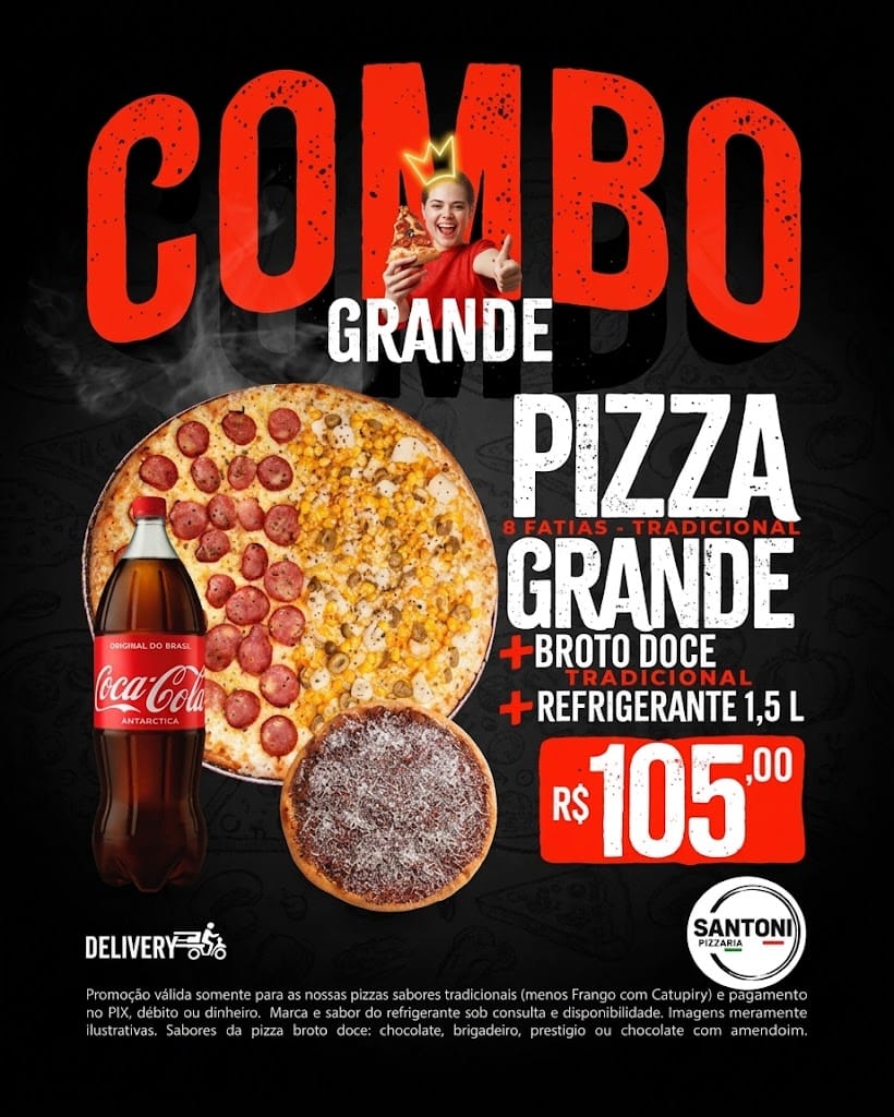 Combo 1 Pizza Grande 8 fatias + 1 broto doce+ refrigerante 1,5L