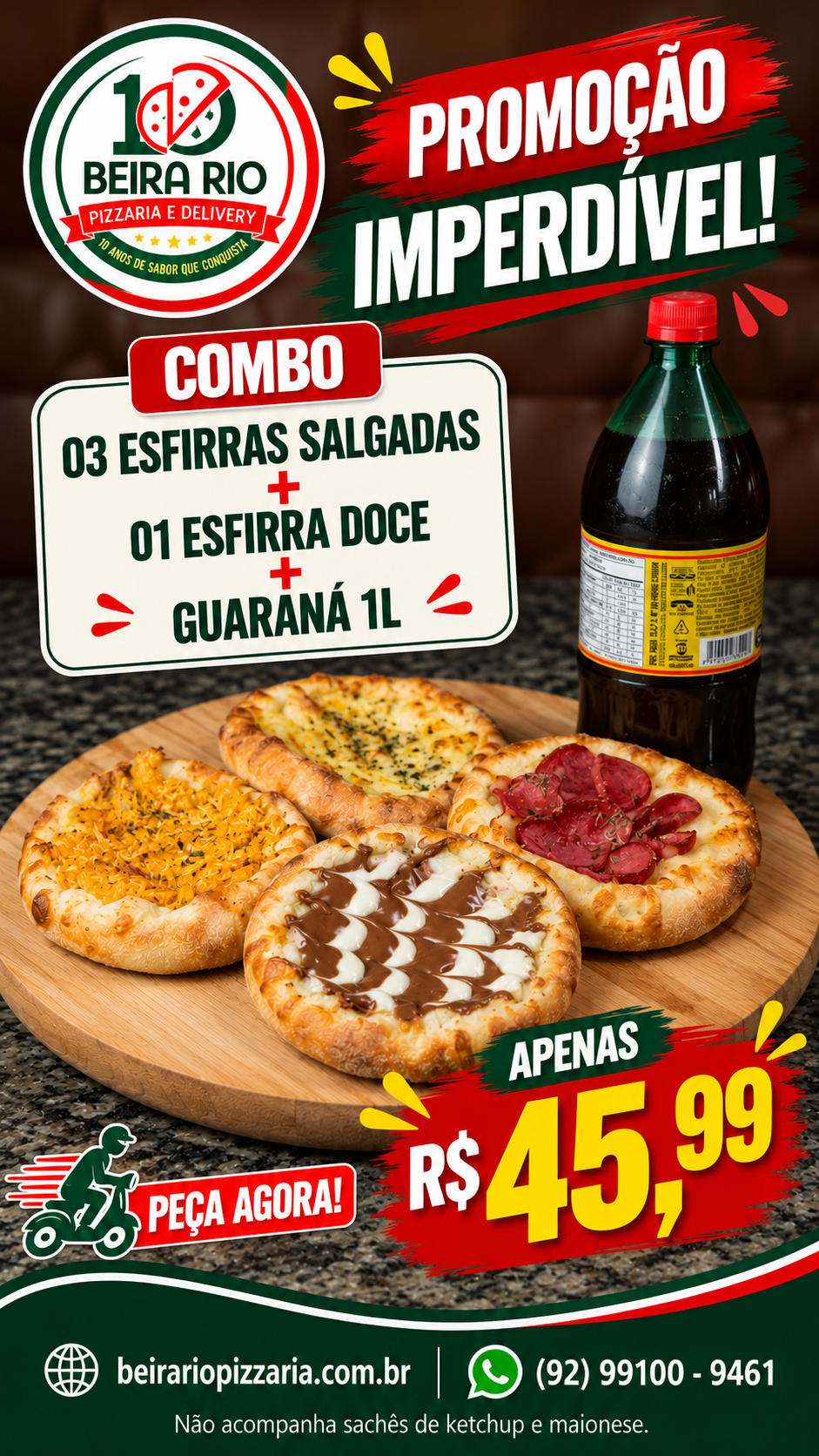 03 Esfirras Salgadas + 01 Esfirra Doce + 01 Guaraná 1 L por R$ 45,99