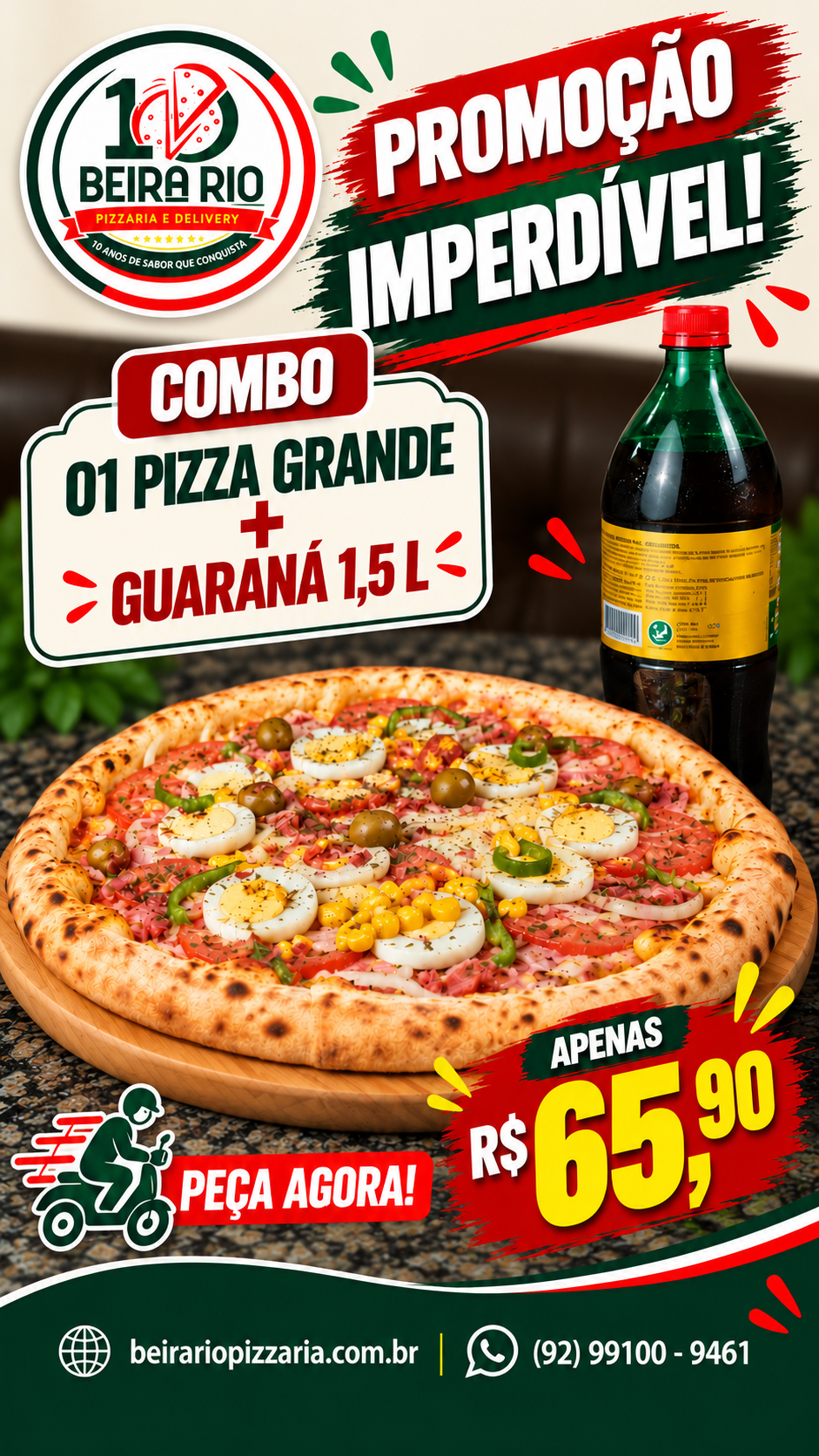 01 Pizza Grande + 01 Guaraná 1,5 L por apenas R$ 65,90