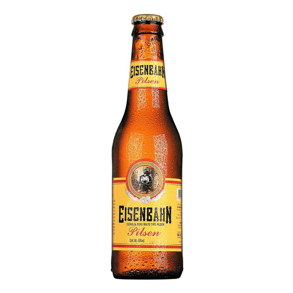 Cervejas: Eisenbahn Pilsen 600ml - A Eisenbahn Pilsen Lata é uma cerveja puro malte leve e com amargor na medida certa, ideal para ser apreciada bem gelada. De baixa fermentação e com teor alcoólico de 4,84%, a Eisenbahn Pilsen é o rótulo mais vendido da marca no Brasil.