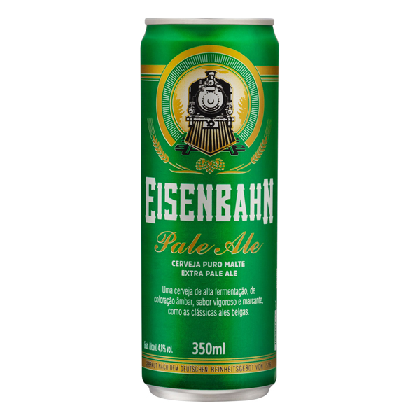 Cerveja: Eisenbahn Pale 350ml Lata - Cerveja com estilo clássico belga que traz notas maltadase frutadas. A harmonização perfeita para carnes. Esta cerveja segue o estilo das pales ales belgas. No aroma, apresenta notas maltadas e frutadas com breve influência do lúpulo, pass