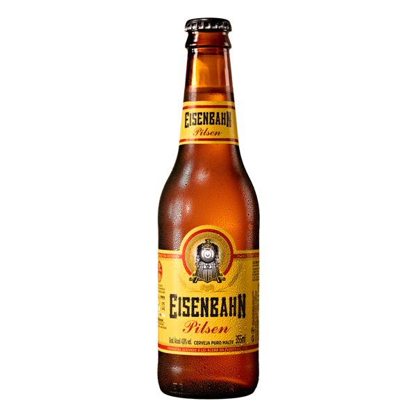 Cerveja: Eisenbahn Pilsen Puro Malte Long Neck 355ml - O estilo de cerveja mais consumido no mundo, oferece a suavidade do puro malte de cevada e o leve amargor do lúpulo.