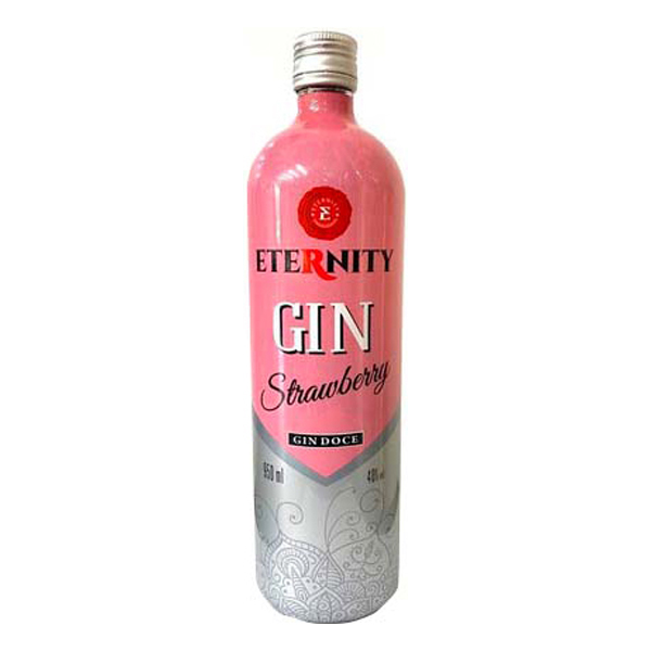 Gin: Gin Eternity Strawberry 900ml - O Gin Eternity de morango é mais nova sensação dos bares. A bebida tem baixo teor calórico, é refrescante e muito versátil para composição de drinks.