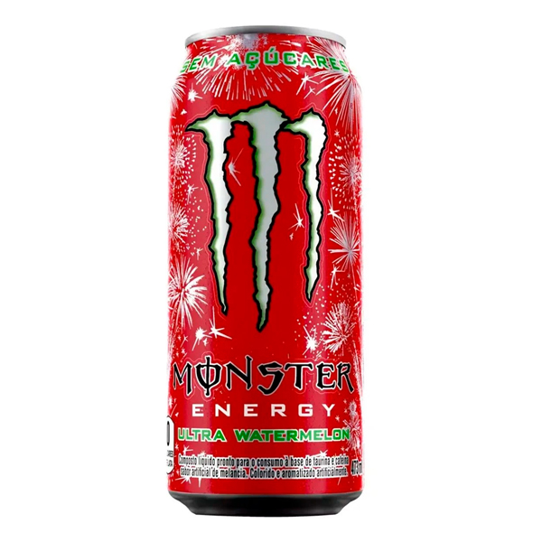 Energéticos: Energético Monster Zero Açúcar Watermelon Lata 473ml - O energético Monster é uma bebida a base de taurina, cafeína, inositol e vitaminas B3, B2, B6, B12.Sua fórmula é um produto que entrega duas vezes o punch de uma bebida energética regular.