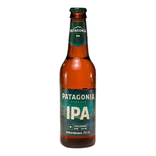 Cerveja: Patagonia IPA Long Neck 355ml - Coloração acobreada, límpida e brilhante. Aroma frutado e cítrico, traz ao paladar notas resinosas e herbais. Sabor lupulado com amargor marcante. Combina com queijo forte, comida picante e carnes fortes e com gordura.
