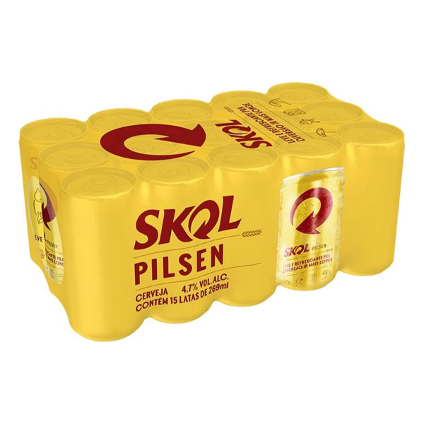 Fininha: Skol 269ml Lata | Com 15 Unidades - A nossa queridinha. Uma cerveja clássica, leve e refrescante, ideal para o clima quente do Brasil. Contamos com um processo rígido de qualidade, com mais de 400 estapas entre testes e degustação.