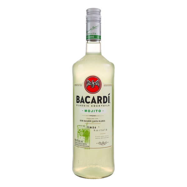 Rum: Rum Bacardi Mojito 980ml - O Bacardi Mojito é o famoso coquetel a base de rum, hortelã e limão, pronto para servir. É feito a partir do rum Bacardi Superior Carta Branca. O resultado é uma bebida suave e aromática, com acentuadas notas do hortelã e a acidez equilibra