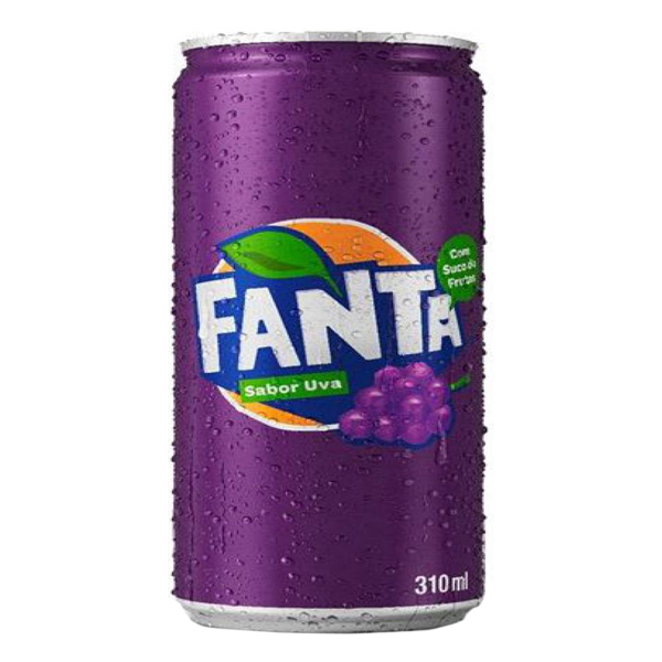Refrigerante: Fanta Uva Lata 310ml - O delicioso refrigerante de fruta feito com 5,5% de suco de uva e limão e 28% menos açúcares em relação à média de mercado.