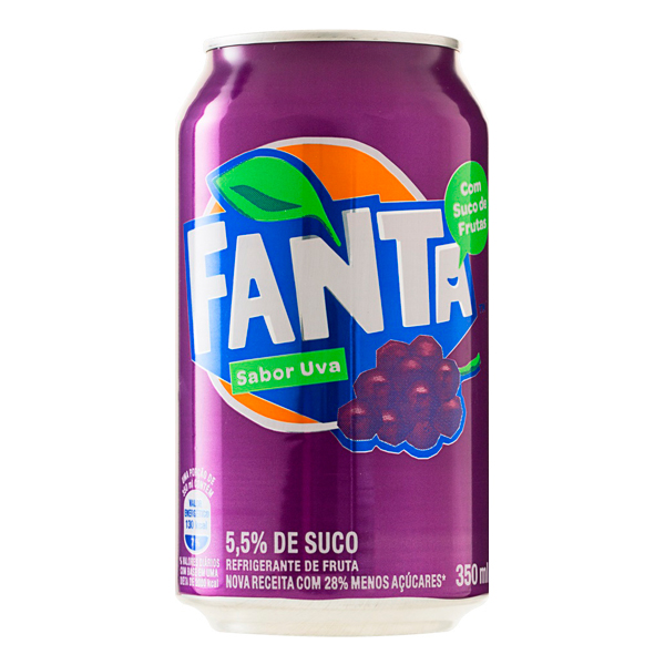 Refrigerantes: Fanta Uva Lata 350ml - O delicioso refrigerante de fruta feito com 5,5% de suco de uva e limão e 28% menos açúcares em relação à média de mercado.