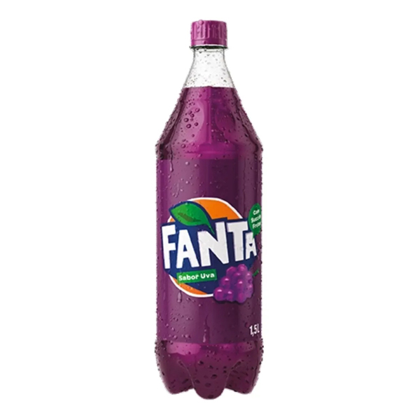 Refrigerante: Fanta Uva Pet 1,5L - O delicioso refrigerante de fruta feito com 5,5% de suco de uva e limão e 28% menos açúcares em relação à média de mercado.