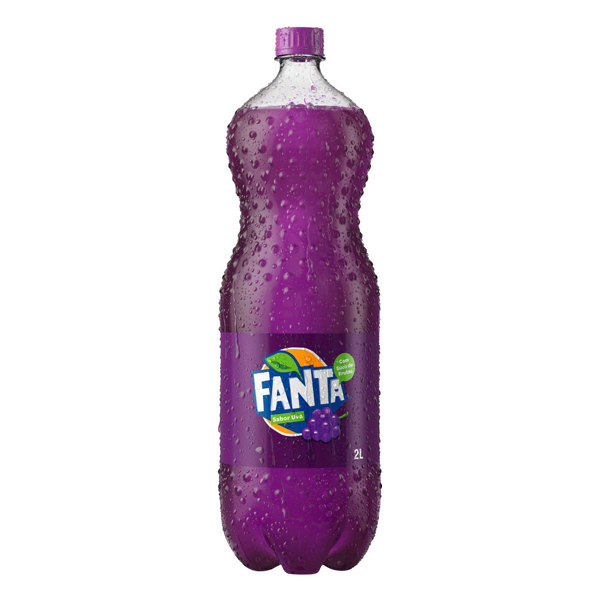 Refrigerantes: Fanta Uva Pet 2L - O delicioso refrigerante de fruta feito com 5,5% de suco de uva e limão e 28% menos açúcares em relação à média de mercado.