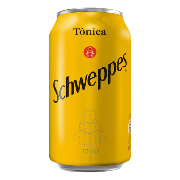 Energéticos: Schweppes Tônica Lata 350ml - Elaborada a partir de água gaseificada e extrato vegetal de quinino, possui sabor natural e qualidades medicinais, agindo como um auxiliar na digestão. Pode ser consumida pura ou em drinks, como o famoso Gim-tônica!