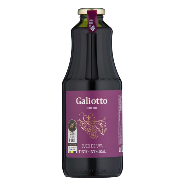 Sucos: Suco Integral Galiotto Uva Tinto 1L - O Suco de Uva Tinto Integral Galiotto agora é certificado com o Selo de Suco de Uva Puro. Certificado pelo Instituto Totum, este selo é somente para os sucos que são realmente 100% puros.