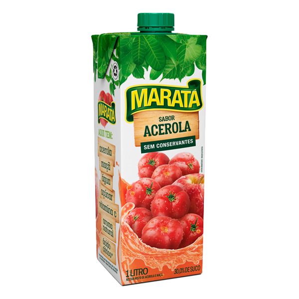 Suco: Maratá Acerola 1L - Desenvolvido a partir do néctar natural de frutas, o que resulta em um sabor naturalmente adocicado e leve, ideal para qualquer hora do dia.