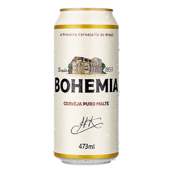 LATÃO 473 ML: Bohemia Lata 473ml - Bohemia foi a responsável por instituir uma verdadeira cultura: churrasco, futebol e samba giram em torno do nosso líquido tão precioso. E bota precioso nisso, viu? A Bohemia Puro Malte é produzida com malte 100% importado e lúpulo Saaz, da