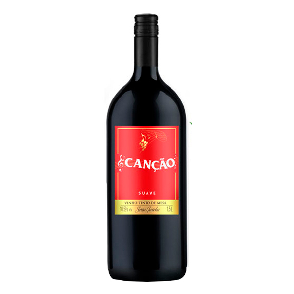 Vinhos (Garrafa de Vidro): Vinho Canção Tinto Seco e Suave 1,5L - Vinho tinto de mesa seco, elaborado com uvas americanas tintas, predominantemente com as variedades Bordô e Isabel. Apresenta cor vermelho rubi, com reflexos violeta e aroma marcante da variedade americana com um toque de groselha e framboe