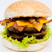 Hambúrguer: 10-Double Burguer - Hambúrguer Grande (Ingredientes: Cebola, Duplo Bacon Fatiado, Duplo Cheddar, Hambúrguer Artesanal, Molho Barbecue, Molho Supremo, Pão, Tomate)