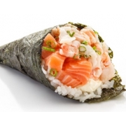 Temaki: Misto (frio) - Salmão, Camarão, Arroz, Cream Cheese, Cebolinha, Gergelim, Alga (FRIO)
