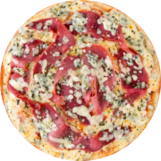 Premium: Parma c/ Gorgonzola - Pizza Broto (Ingredientes: Gorgonzola, Molho, Mussarela, Orégano, Presunto tipo Parma)