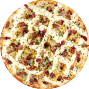 Premium: 5 Queijos c/ Bacon - Pizza Broto (Ingredientes: Bacon, Catupiry, Gorgonzola, Molho, Mussarela, Orégano, Parmesão, Provolone)