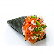Temakis: Temaki Salmão cru com maionese japonesa - Temaki Tradicional (Ingredientes: Cebolinha, maionese japonesa kwipe, Salmão Cru)
