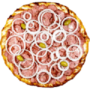 Tradicionais: Calabresa - Pizza Grande (Ingredientes: Massa, Molho, Mussarela, Calabresa, Cebola, Bacon, Orégano, Azeitonas)